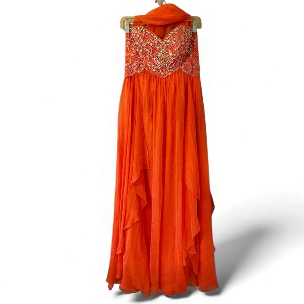 Sherri Hill Size 8 Orange Coral Beaded Strapless Sweetheart Prom Gown Scarf